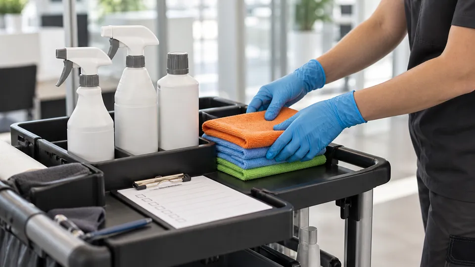 Barbat-Clean-Mitarbeiter reinigt Ausstattung in einer Zahnarztpraxis